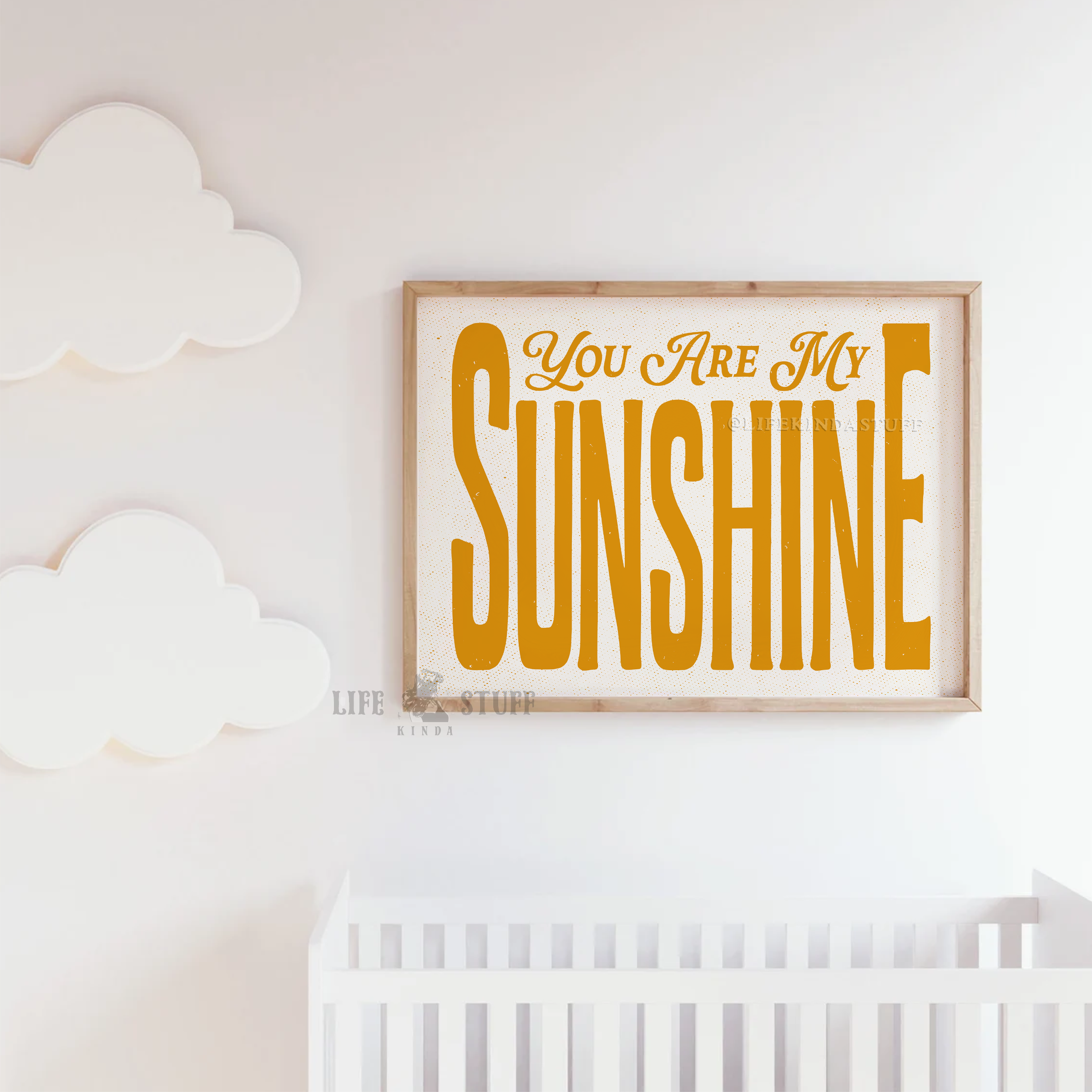 You Are My Sunshine art print in retro typography on natural matte paper, styled as nursery wall art or kids playroom decor