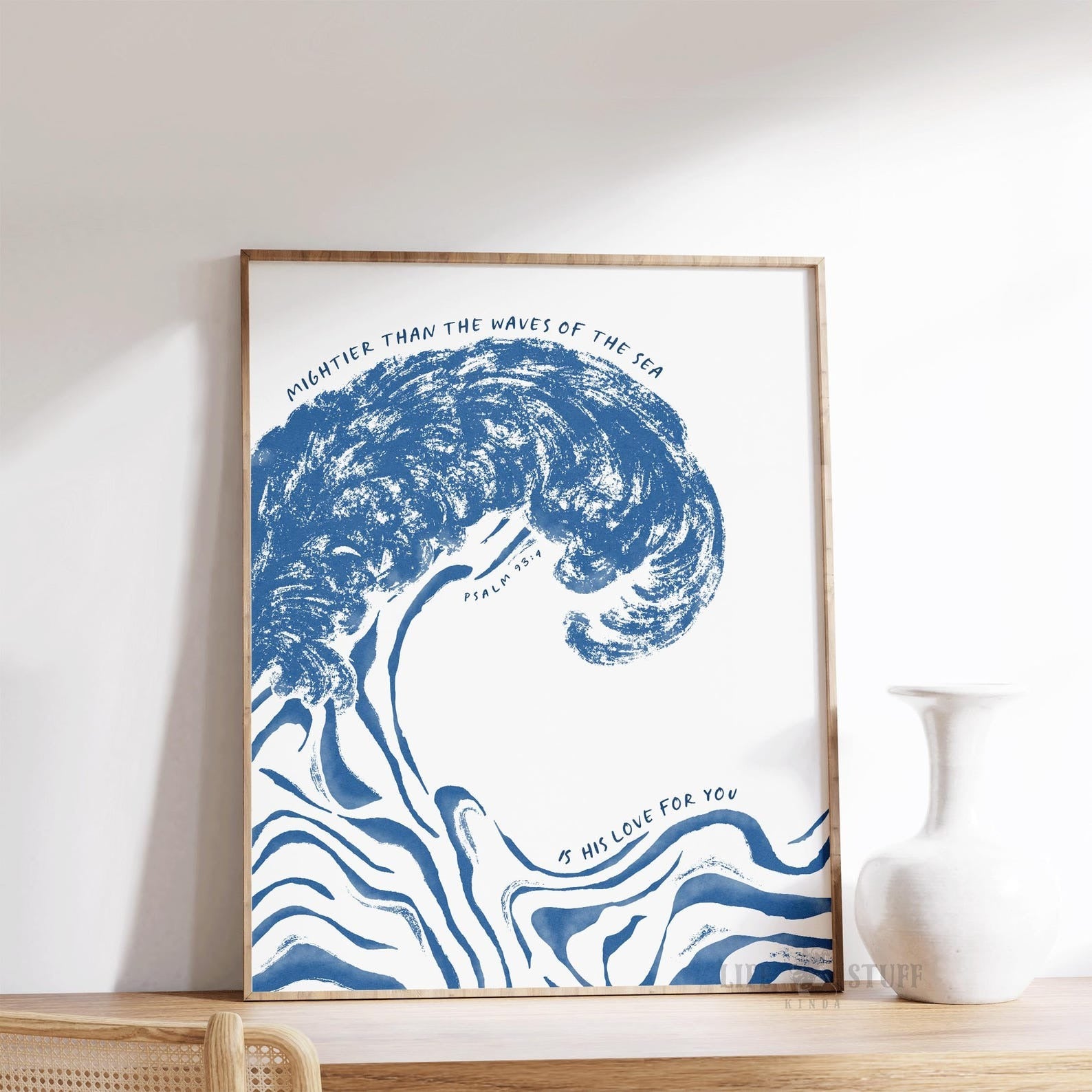 Psalm 93:4 Mightier than the waves of the sea is his love for you, coastal Christian art print with blue watercolor wave on natural matte paper.