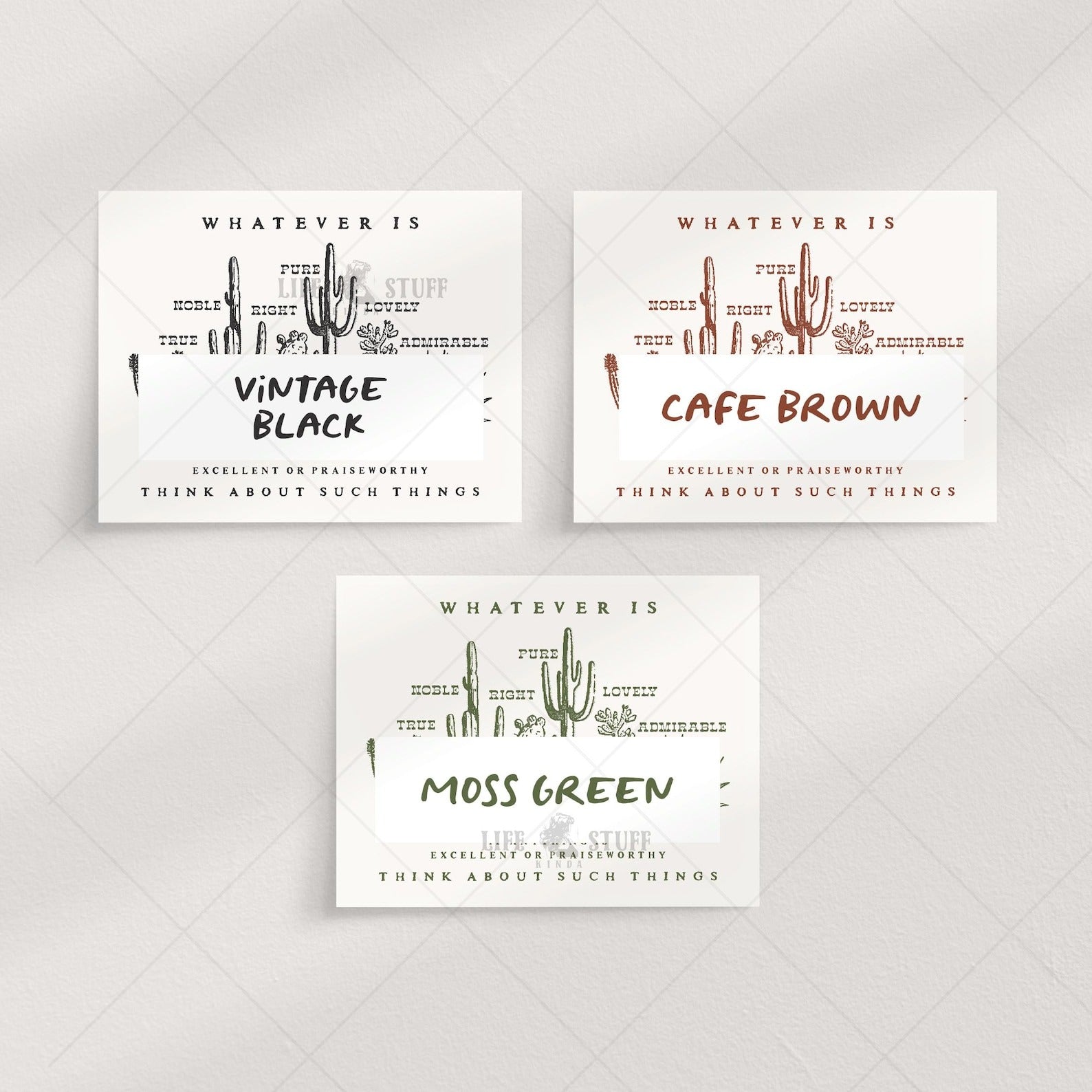 Philippians 4:8 western art print featuring desert cacti and succulents, in various color options