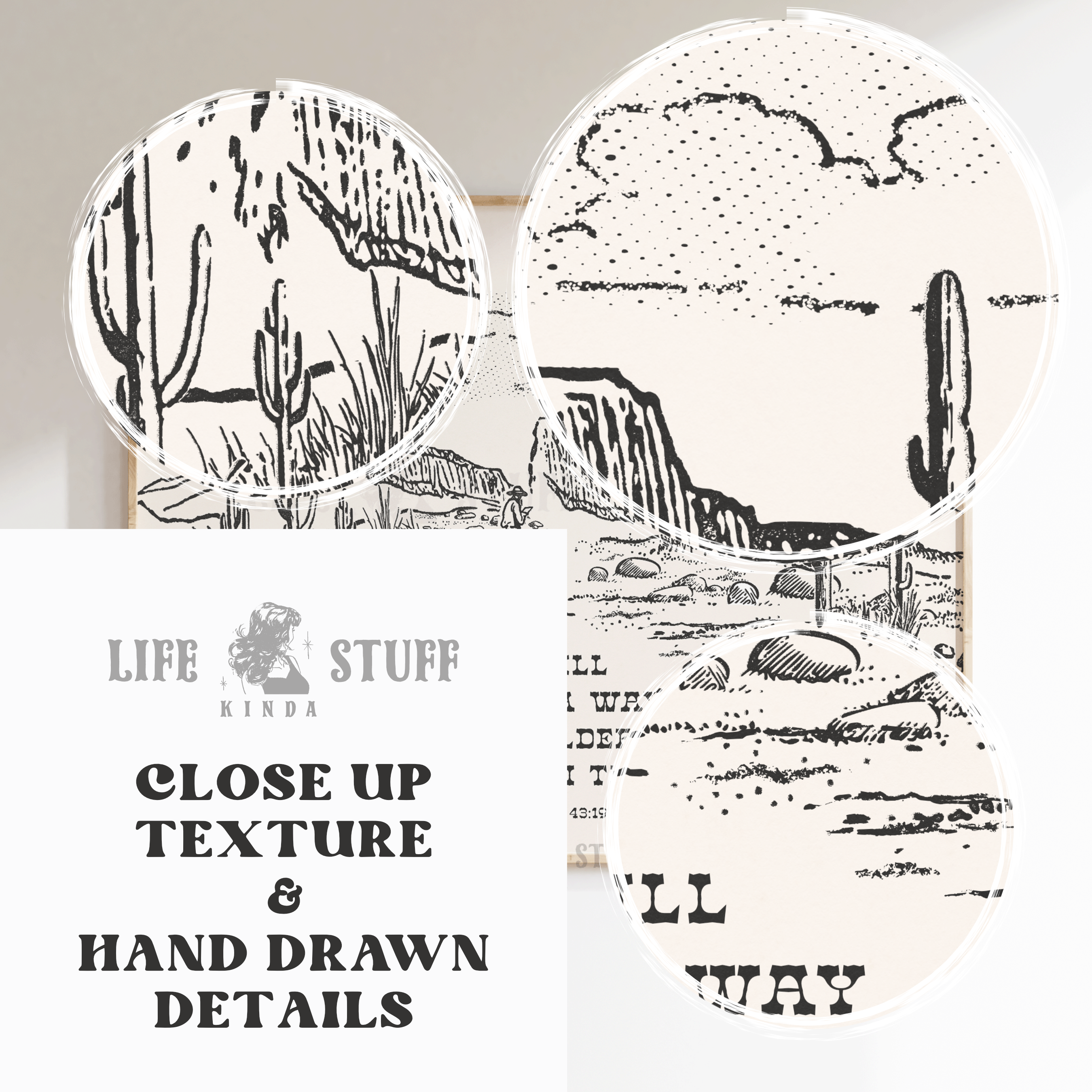 Close up of minimalist line art desert cactus and western scripture from Isaiah 43:19 on natural matte paper