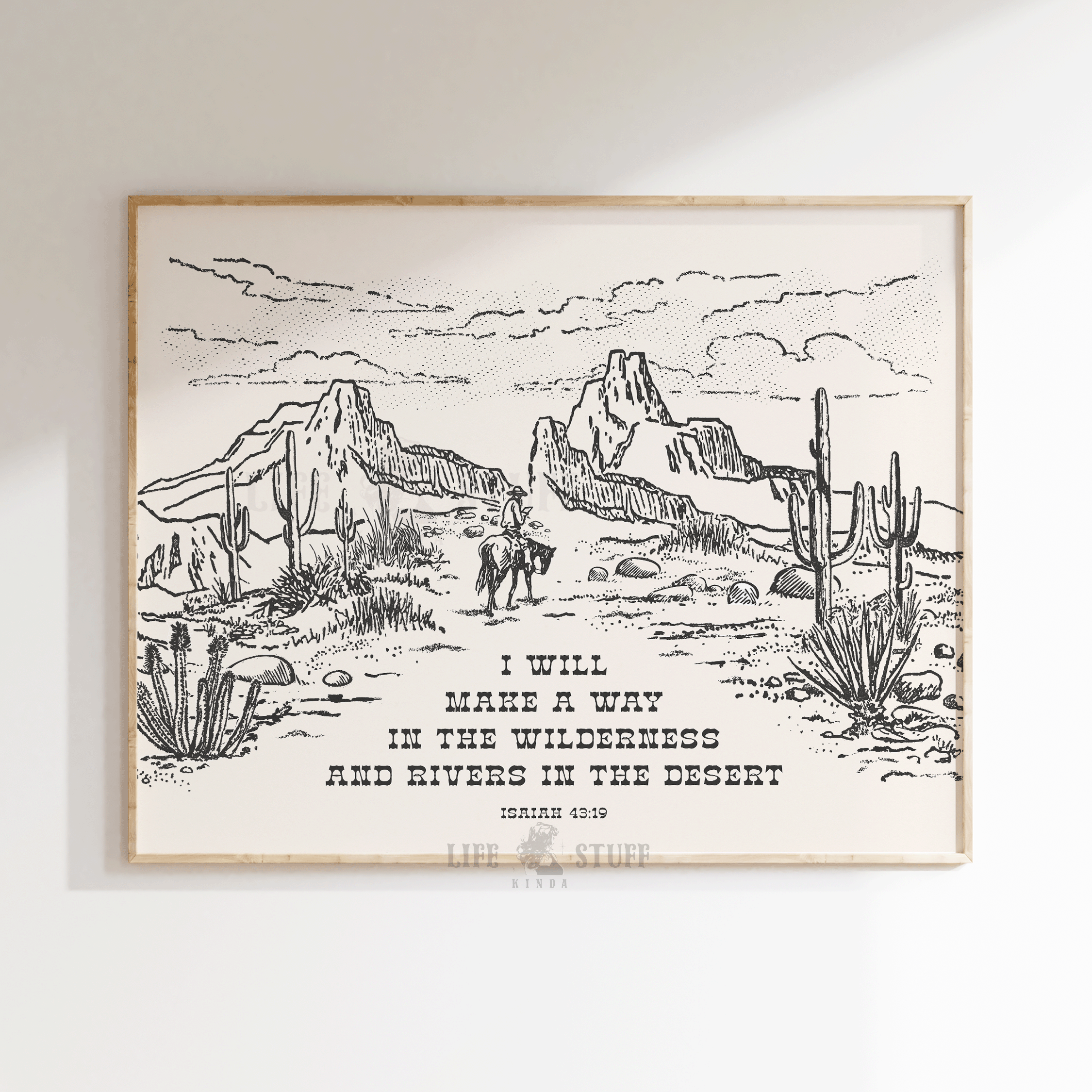 Isaiah 43:19 desert bible verse art print with "Rivers in the Desert" landscape illustration, western Christian wall decor