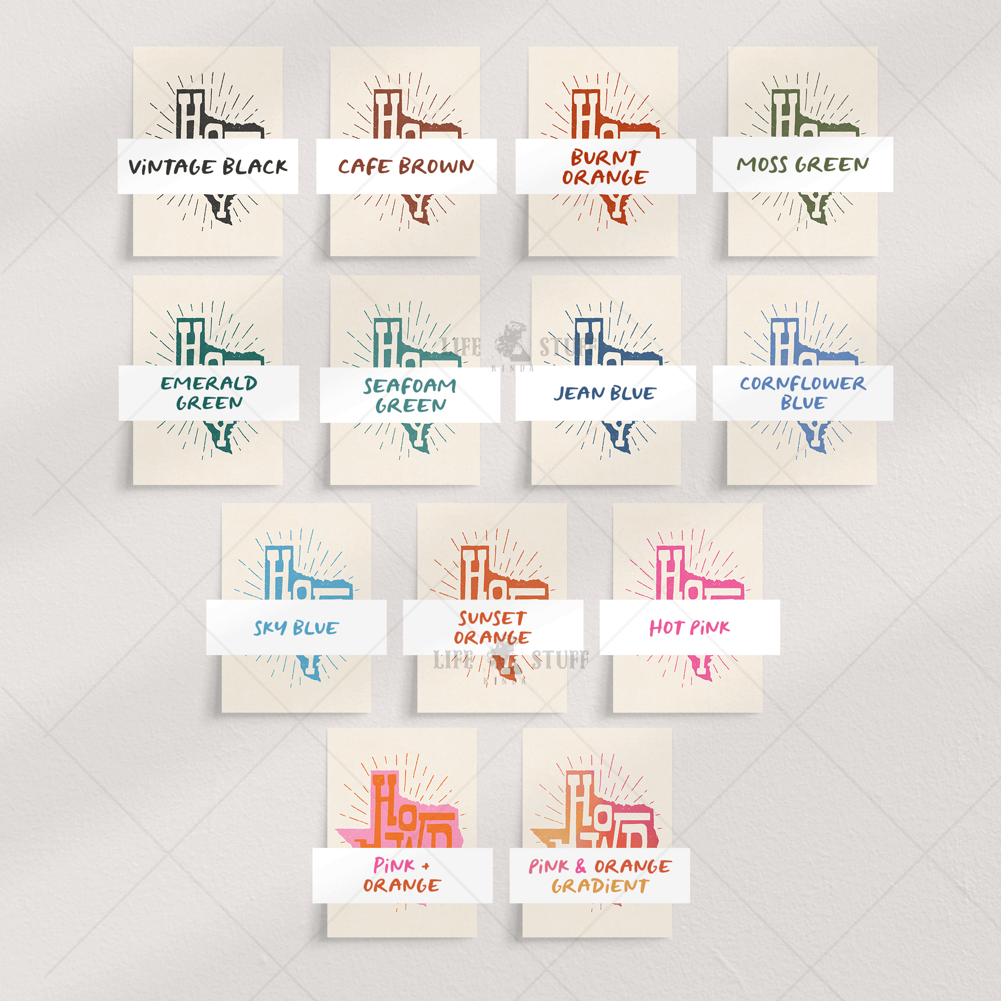 multiple color options for the Howdy Texas poster including Jean Blue, Moss Green, and Burnt Orange