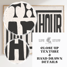 Detail shot of Happy Hour Club typography print on 300gsm archival cotton paper.