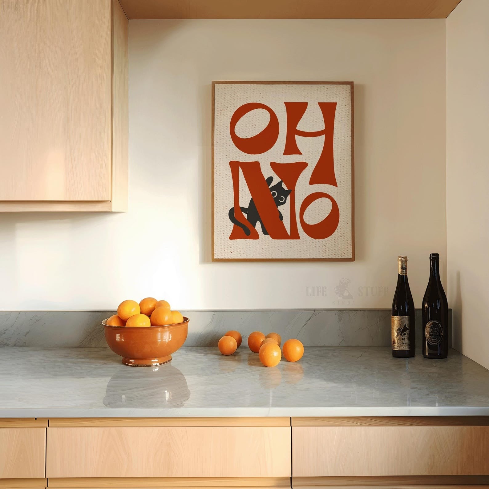 Funny black cat art print with "Oh No" text in burnt Orange, quirky eclectic wall decor for a colorful kitchen