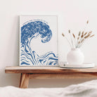 Psalm 93:4 Mightier than the waves of the sea is his love for you, coastal Christian art print with blue watercolor wave on natural matte paper.