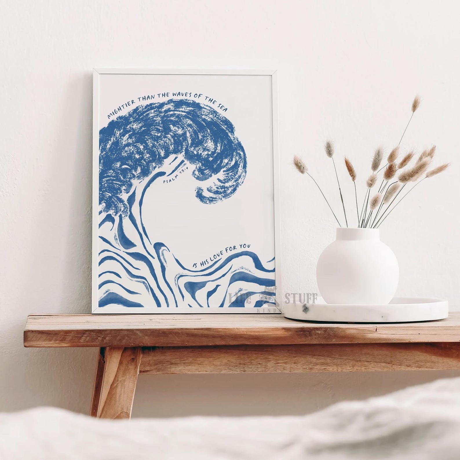 Psalm 93:4 Mightier than the waves of the sea is his love for you, coastal Christian art print with blue watercolor wave on natural matte paper.