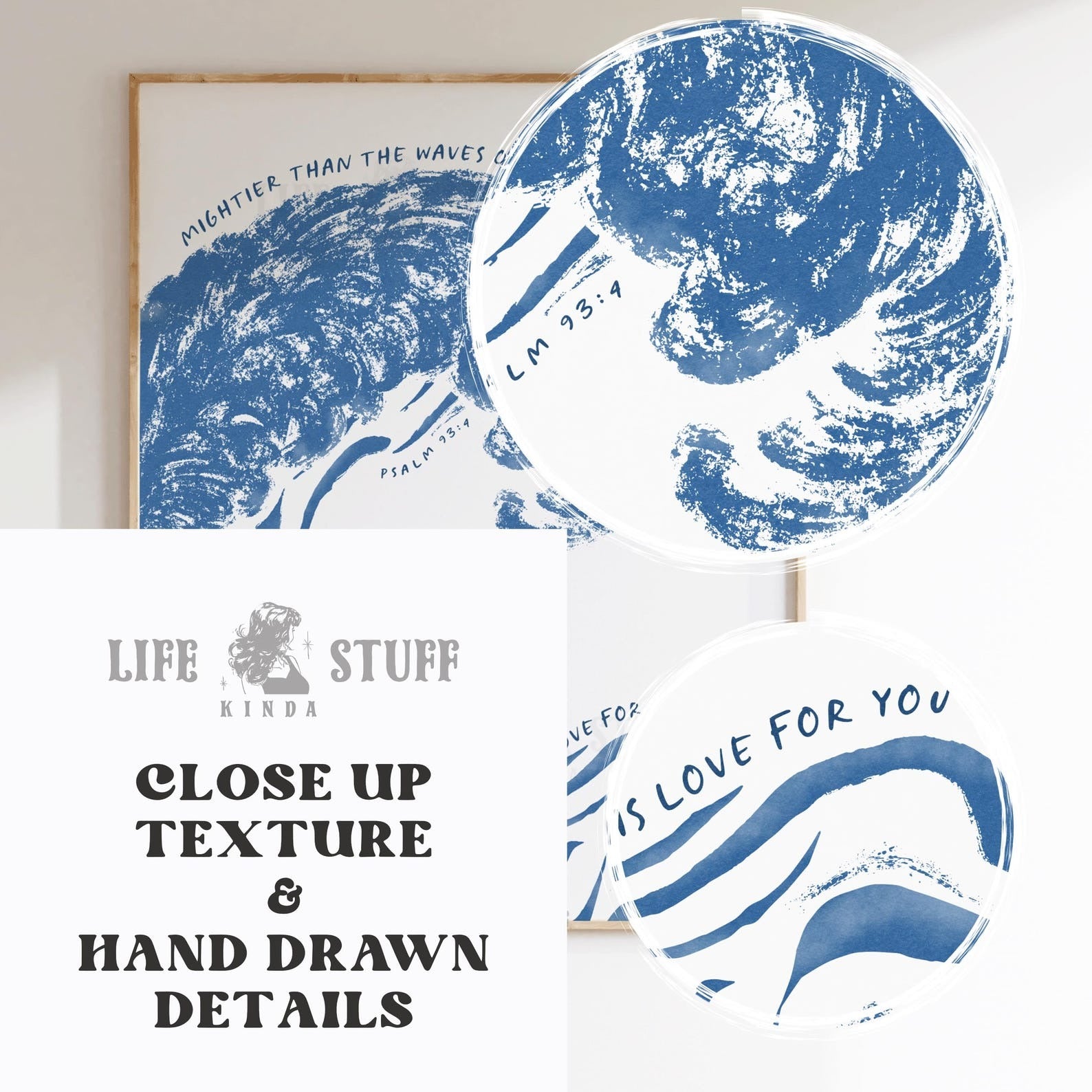 Psalm 93:4 Mightier than the waves of the sea is his love for you, coastal Christian art print with blue watercolor wave on natural matte paper.