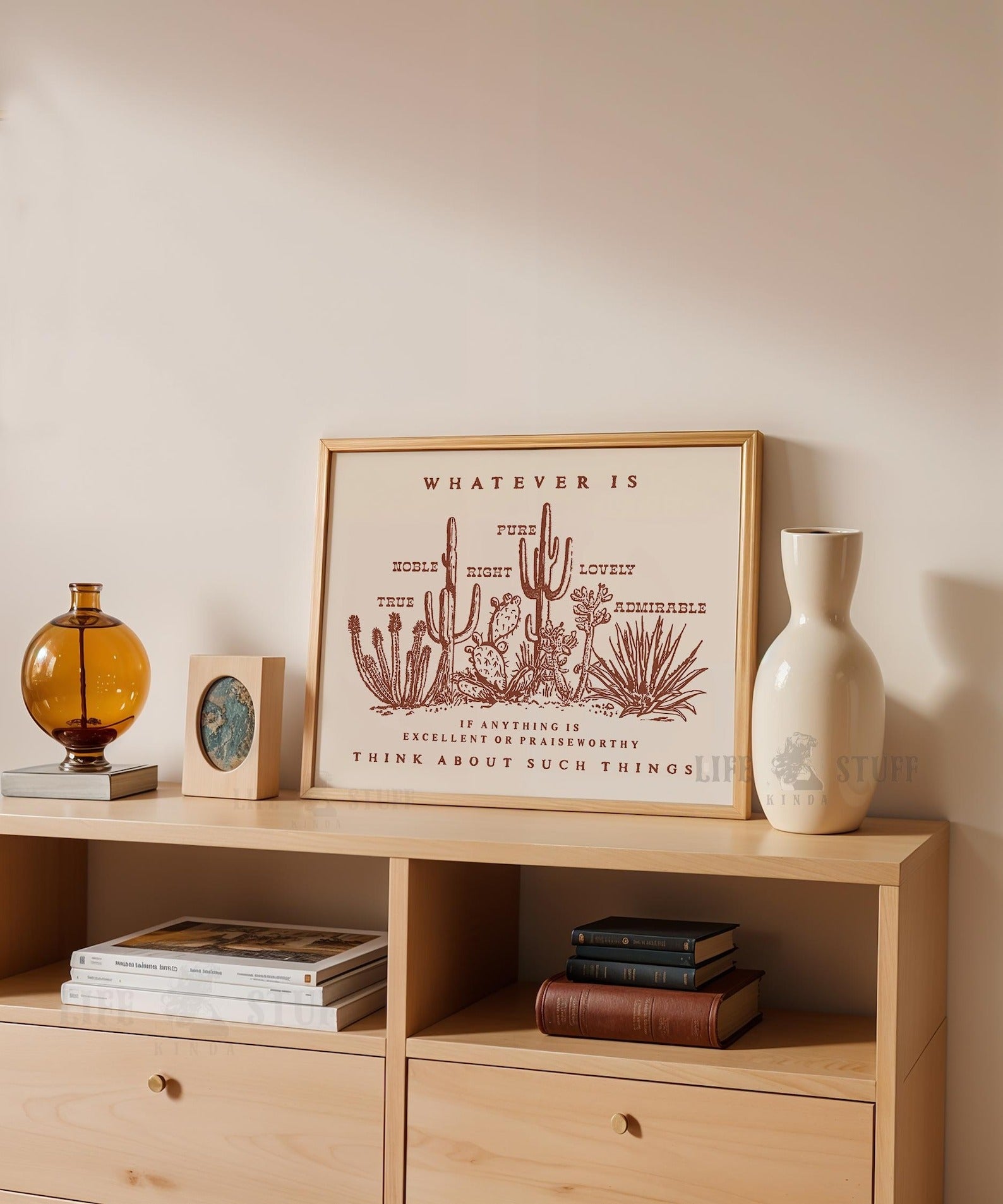 Philippians 4:8 western art print featuring desert cacti and succulents, rustic Christian wall decor on natural matte paper