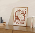 Matthew 6:26 Look At The Birds art print with botanical bird illustrations and retro typography on natural matte paper