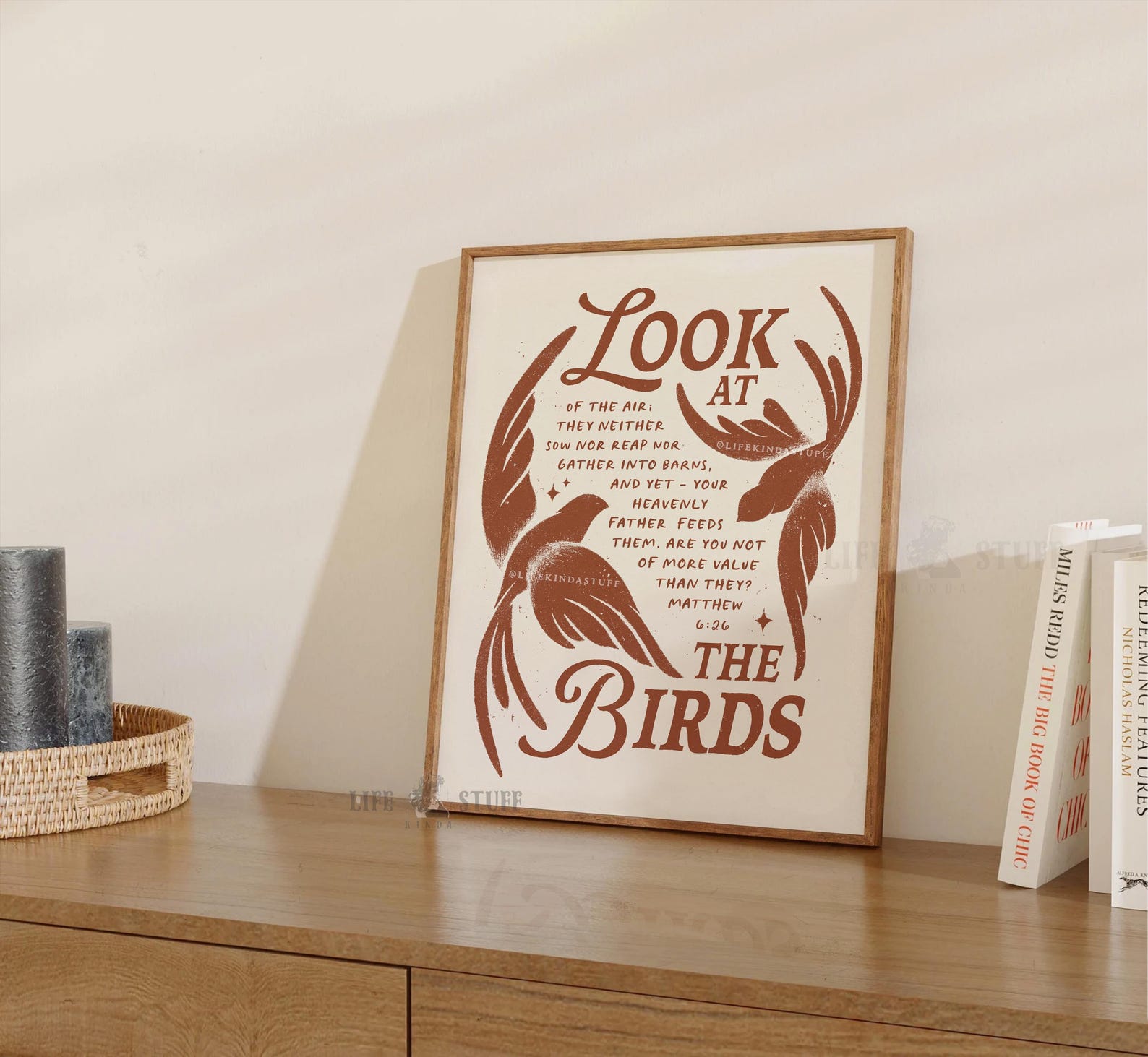 Matthew 6:26 Look At The Birds art print with botanical bird illustrations and retro typography on natural matte paper