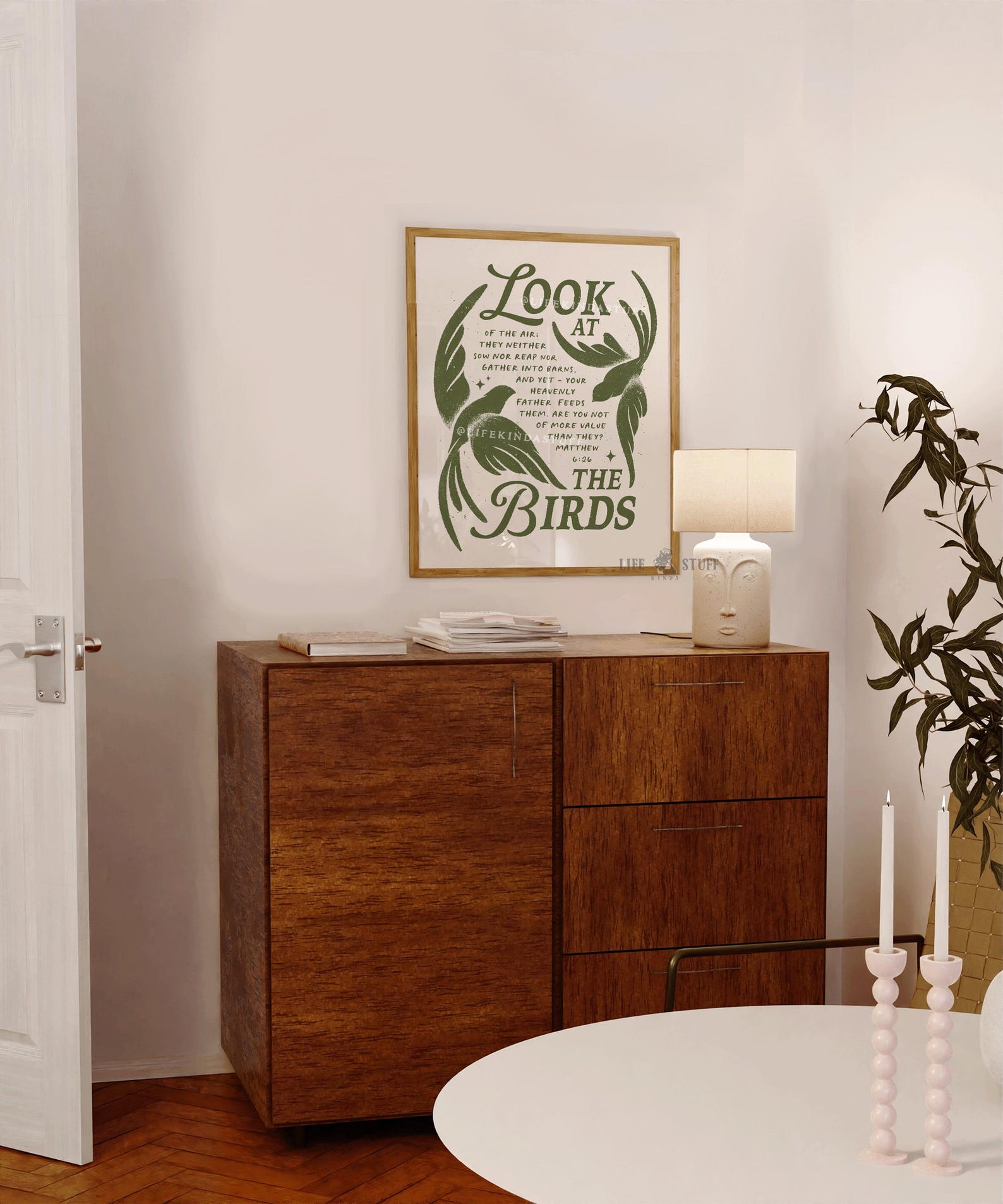 Matthew 6:26 Look At The Birds art print with botanical bird illustrations and retro typography on natural matte paper