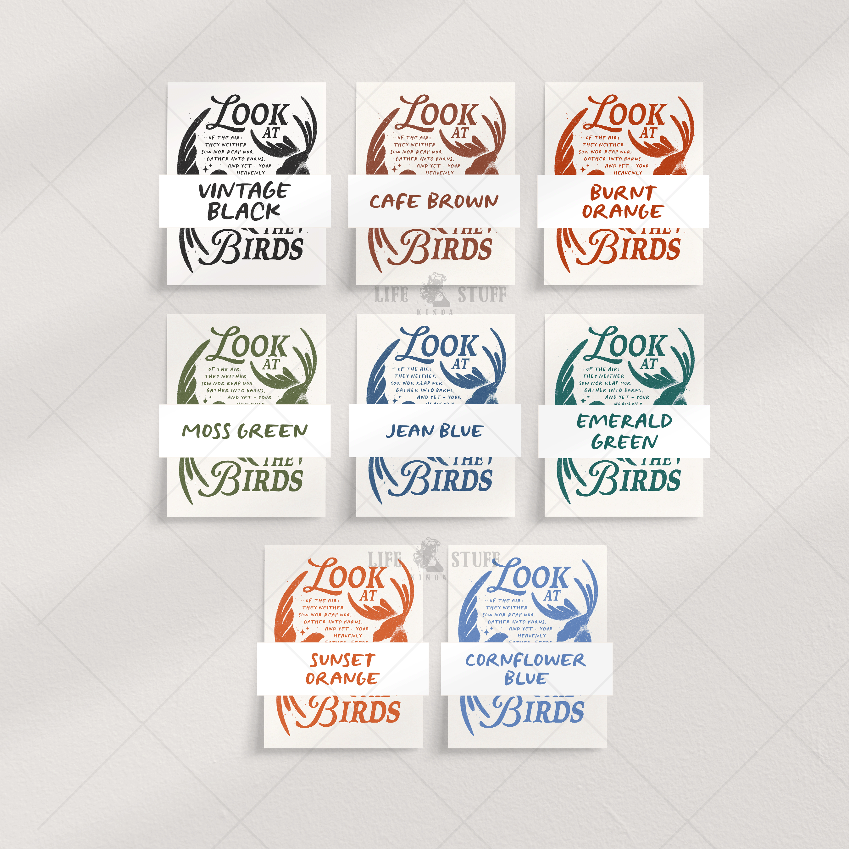 Multiple color options for the Look At The Birds Matthew 6:26 Bible verse poster.